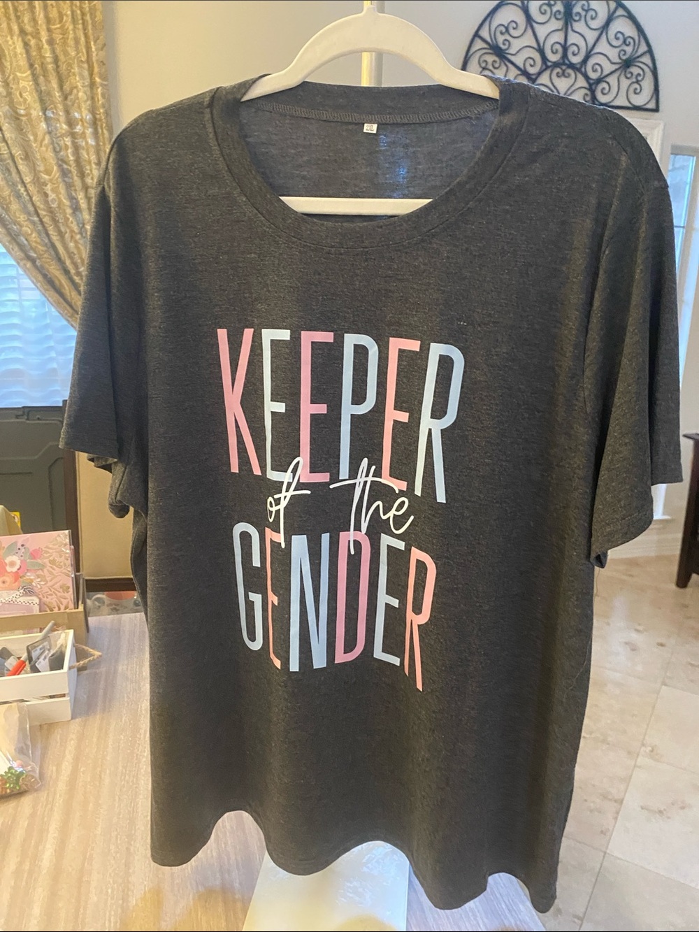 Maternity Keeper of the Gender Gray Graphic Tee - Pink & Light Blue Print.